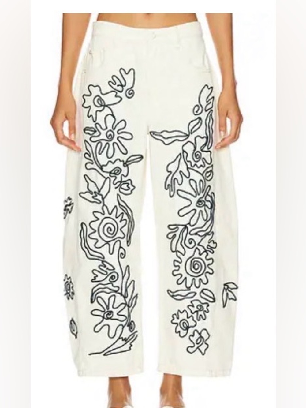 Free People White Barrel-Leg Pants with Black Floral Embroidery
